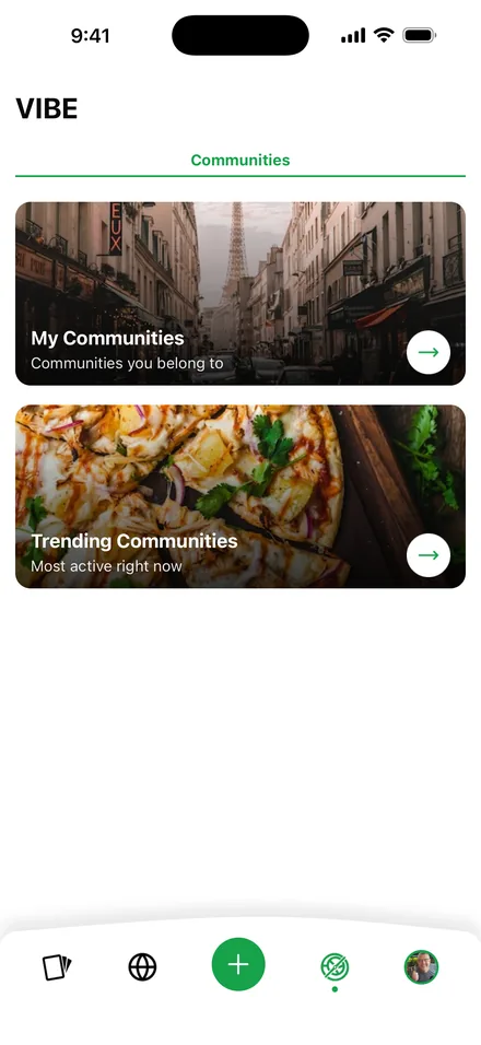 PinsXP Communities hub with My Communities and Trending Communities cards
